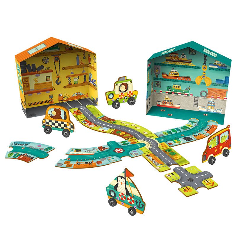 Puzzle mare cu circuit naval si rutier, masinute si barcute, 38 piese, Mideer - zappi.ro